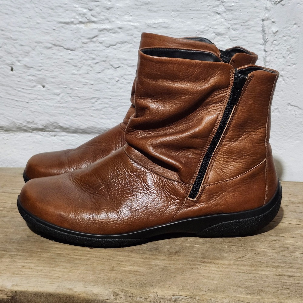 Hotter Whisper Tan Brown Leather Slouch Ankle Boots Women 11 UK 9 EU 43 Flat Zip